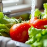 Pomodori affettati e foglie di lattuga pulite.