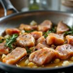 Coniglio in padella con aromi ed erbe.