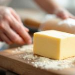 Panetto di burro avvolto in pellicola pronto per il frigo.