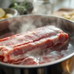 Costine immerse in pentola con acqua bollente.