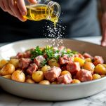 Tegame con costine, patate e rosmarino.