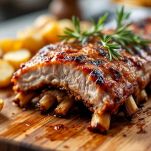 Costine di maiale con patate servite a tavola.