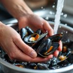 Cozze pulite sotto acqua corrente.