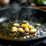 Spicchi d’aglio in padella con olio.