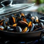 Cozze in padella con coperchio.