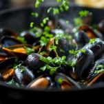 Cozze sfumate con vino e prezzemolo in padella.