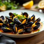 Cozze cotte servite con sughetto e limone.