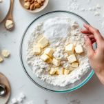 Ingredienti per pasta frolla lavorati a mano.