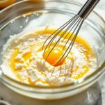 Uova sbattute versate nel composto al limone.