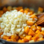 Zucca, patata e cipolla in casseruola.