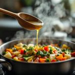 Brodo versato in casseruola con verdure.