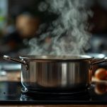 Verdure che stufano in casseruola coperta.