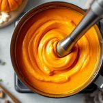 Crema di zucca frullata con mixer a immersione.