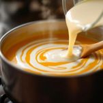 Crema di zucca con panna fresca in casseruola.