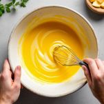 Tuorli montati con zucchero e vaniglia in ciotola.