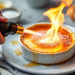 Cannello che caramella zucchero sulla creme brulée.