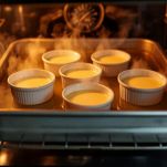Stampini immersi in teglia con acqua in forno.