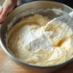 Crema di burro e zucchero con tuorli e limone in ciotola.