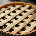 Crostata con intreccio di frolla sulla superficie.