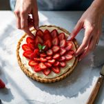Crostata decorata con fragole affettate e menta.