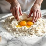 Impasto di pasta frolla lavorato a mano su piano infarinato.