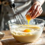 Uova aggiunte a impasto cremoso con fruste elettriche.