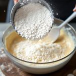 Farina e lievito setacciati su impasto in ciotola.