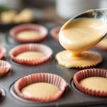 Impasto versato negli stampini da cupcake su teglia.