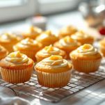 Cupcake appena sfornati che raffreddano su griglia.