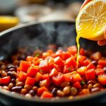 Pomodori a cubetti aggiunti a fagioli in padella.