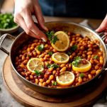 Fagioli cotti serviti in ciotola con limone e prezzemolo.