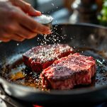 Filetto di manzo dorato in padella con pennello di senape.