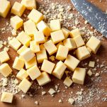 Asiago tagliato a cubetti su tagliere di legno.