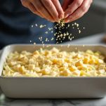 Teglia con strati di finocchi, besciamella e formaggi.