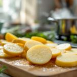 Fette di patate sbollentate in pentola con acqua bollente.