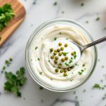 Ciotola con salsa tartara fatta in casa con erbe e maionese.