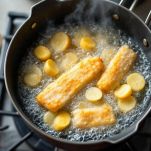 Pesce e patate fritti dorati in padella con olio caldo.