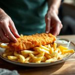 Fish and chips servito su piatto con salsa tartara e piselli.