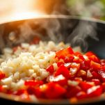 Cipolla e peperone rosolati in padella con olio.