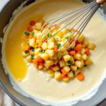 Uova e panna mescolate in ciotola con frusta.