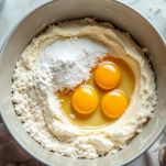 Ciotola con farina, zucchero e uova mescolati con frusta.