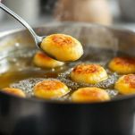 Frittelle dolci che friggono in olio bollente.