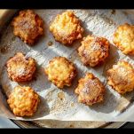 Frittelle dorate con zucchero a velo servite su piatto.