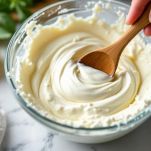 Ricotta cremosa lavorata in ciotola con cucchiaio di legno.