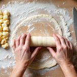 Mani che tagliano gnocchi di ricotta da cilindri di impasto.