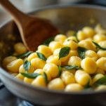 Gnocchi di ricotta con burro e salvia serviti su piatto.