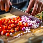 Ciotola con giardiniera tritata, cipolla e pomodoro a dadini.