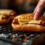 Panini con würstel e formaggio Emmental fuso sulla griglia.