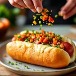 Panini con würstel, formaggio fuso e giardiniera serviti caldi su piatto da portata.