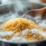 Farro cotto e scolato in ciotola condito con olio d’oliva.